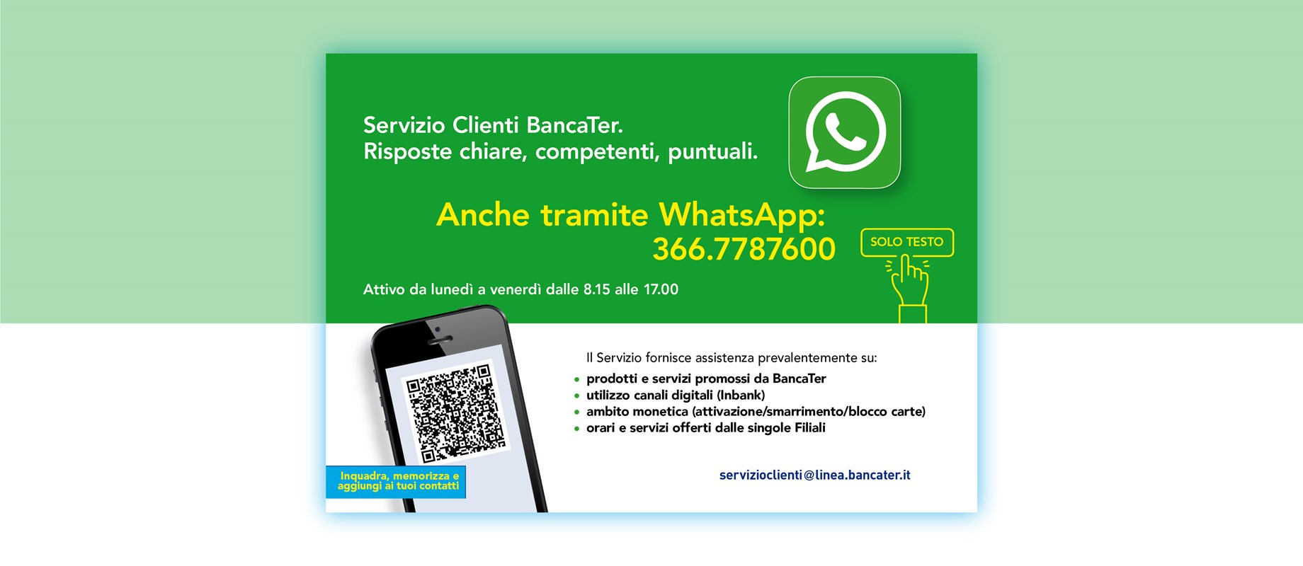 Servizio Clienti BancaTer: da oggi anche su WhatsApp 